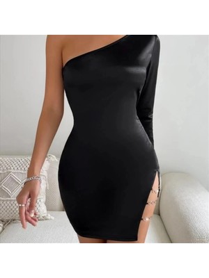 Hafif Giyim Siyah Fantezi Seksi Halka Detaylı Tek Kollu Asimetrik Mini Elbise HF104123