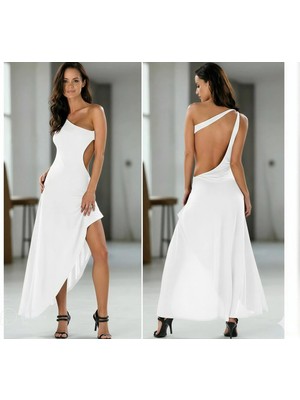 Hafif Giyim Fantezi Seksi Tek Omuz Asimetrik Yırtmaçlı Sırt Dekolteli Uzun Elbise HF100992