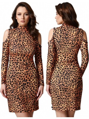 Hafif Giyim Çok Renkli Fantezi Seksi Leopar Desenli Omzu Açık Uzun Kollu Elbise HF101193