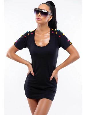 Hafif Giyim Siyah Fantezi Seksi Renkli Zımba Detaylı Mini Elbise HF1961364