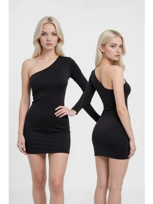 Hafif Giyim Fantezi Seksi Tek Omuz Asimetrik Kesim Uzun Kollu Mini Elbise HF120614