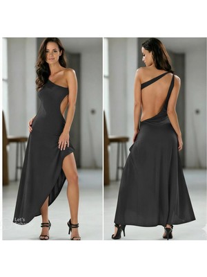 Hafif Giyim Fantezi Seksi Tek Omuz Asimetrik Yırtmaçlı Sırt Dekolteli Uzun Elbise HF100992