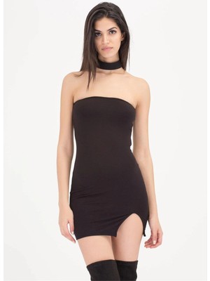 Hafif Giyim Siyah Fantezi Seksi Omuzu Açık Yırtmaç Detaylı Mini Elbise HF101426