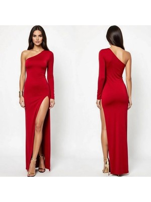 Hafif Giyim Fantezi Seksi Tek Omuzlu Derin Yırtmaçlı Uzun Elbise HF101164