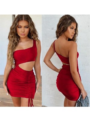 Hafif Giyim Fantezi Seksi Asimetrik Tek Omuzlu Büzgülü Mini Elbise HF101534