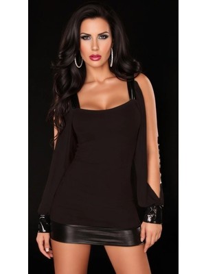 Hafif Giyim Fantezi Seksi Deri Görünümlü Kollu Mini Elbise HF100984