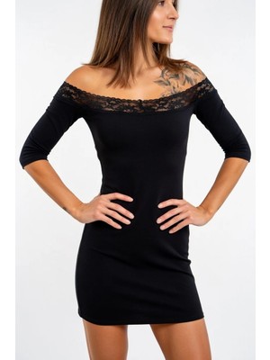 Hafif Giyim Siyah Fantezi Seksi Omzu Açık Dantelli Detaylı Mini Elbise HF101182