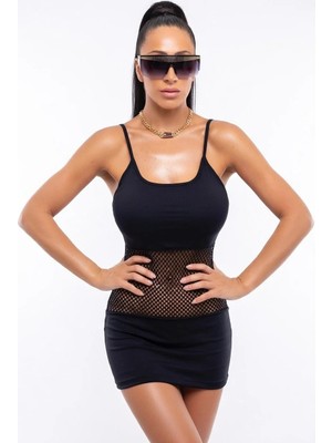 Hafif Giyim Siyah Fantezi Seksi Önü Fileli Mini Elbise HF1961318