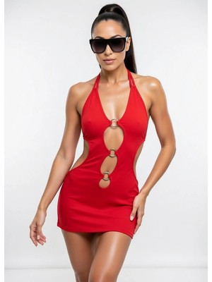 Hafif Giyim Kırmızı Fantezi Seksi Metal Halka Detaylı Mini Elbise HF1961381