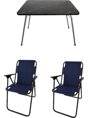 Bofigo 60X80 Granit Desenli Katlanır Masa ve 2 Adet Lacivert Katlanır Sandalye Seti Polyester Malzeme