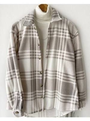 A&O Style Erkek Oversize Bej Ekose Hakiki Pamuklu Kalın Polar Gömlek Uzun Kollu