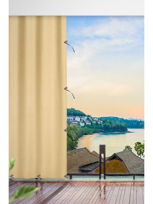 Altın Pamuk Krem Renkli Gabardin Dokuma Bağcıklı Balkon Perdesi 150 x 240 cm Estetik ve Fonksiyonel