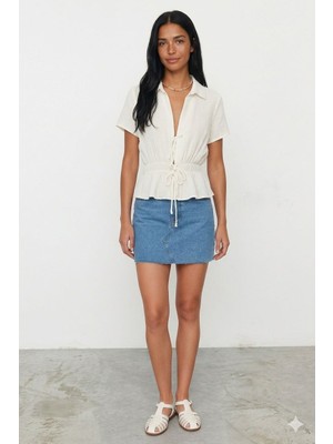 Spica %100 Pamuk Müslin Büzgülü Kısa Kollu Bağlamalı Bluz