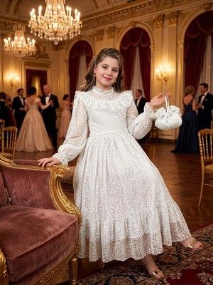 Bes Trend Kız Çocuk Leopar Desenli Uzun Boy Abiye Elbise Çanta Hediyeli