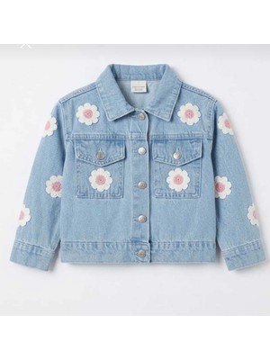 Kız Çocuk Papatya Nakış Desenli Kot Ceket
