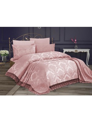 Çeyiz Diyarı Fransız Dantelli Modern Yatak Örtüsü 250 x 250 cm Pamuk Saten Pudra Renkli