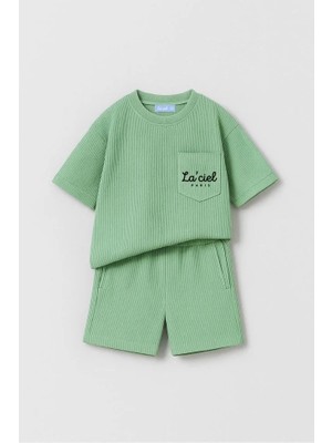 Magu Unisex Çocuk Pamuklu Yeşil Gofre Tişört Şort Takım - Cepli
