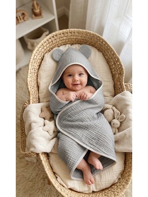 O&G Collection Gri Pamuklu , 4 Katlı Multi Müslin Bebek / Çocuk , Bornoz / Havlu Banyo / Havuz / Deniz