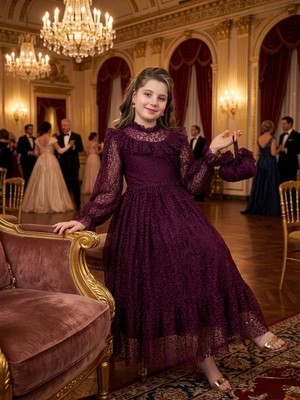 Bes Trend Kız Çocuk Leopar Desenli Uzun Boy Abiye Elbise Çanta Hediyeli