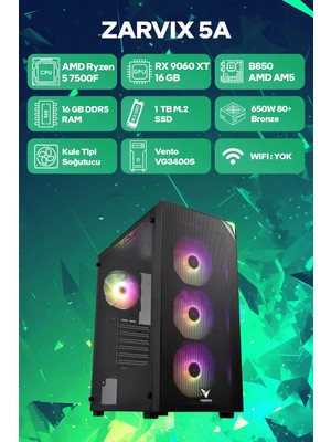 Game Garaj Zarvix 5A AMD Ryzen 5 7500F 16GB RAM 1TB SSD RX9060XT 16GB FreeDOS Oyuncu OEM Paket