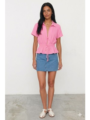 Spica %100 Pamuk Müslin Büzgülü Kısa Kollu Bağlamalı Bluz