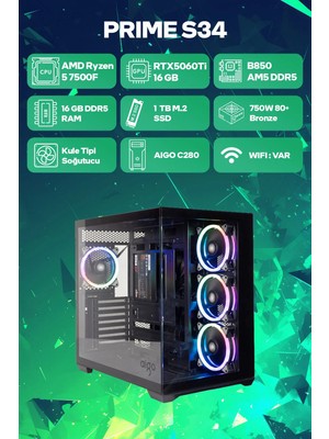 Game Garaj Prime S34 Amd Ryzen 5 7500F 16GB Ram 1tb SSD RTX5060TI 16GB Freedos Oyuncu Oem Paket