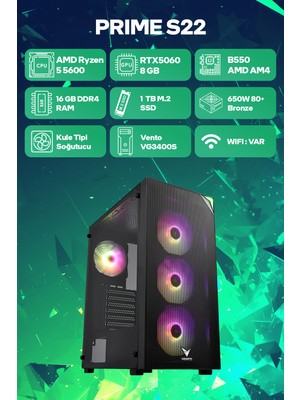 Game Garaj Prime S22 Amd Ryzen 5 5600 16GB RAM 1TB SSD RTX5060 Freedos Oyuncu OEM Paket