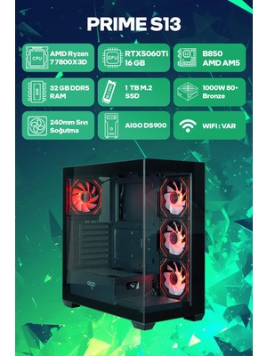 Game Garaj Prime S13 Amd Ryzen 7 7800X3D 32GB RAM 1TB SSD RTX5060Ti 240MM Sıvı Soğutma Freedos Oyuncu OEM Paket