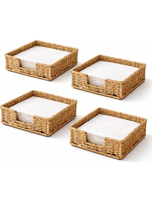 Tuppee Rattan Hasır Peçetelik 4’lü Set 17.5X17.5X6.5 cm – Standart Peçete Uyumlu Dekoratif Sunumluk