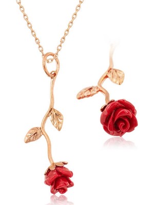 Inure Jewelry Gümüş Kırmızı Gül Kolye