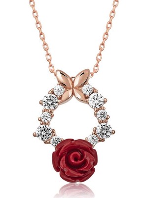 Inure Jewelry Gümüş Kırmızı Gül Kolye