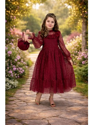 Bes Trend Kız Çocuk Leopar Desenli Uzun Boy Abiye Elbise Çanta Hediyeli