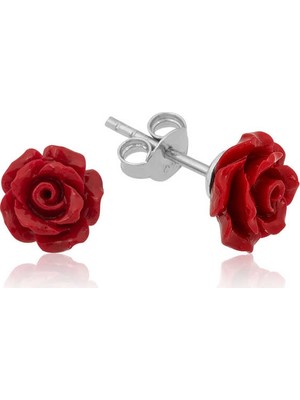 Inure Jewelry  Gümüş Kırmızı Gül Küpe