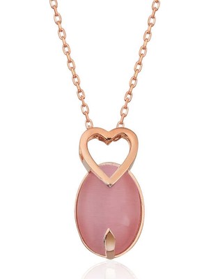 Inure Jewelry ​gümüş Pembe Kedi Gözü Taşlı Kalp Kolye
