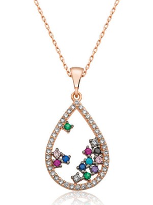 Inure Jewelry ​Gümüş Rose Renkli Taşlı Damla Kolye