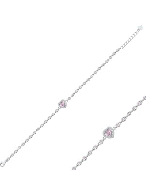 Delixa 925 Ayar Gümüş Taşlı Kalpli Sıralı Bileklik Pembe