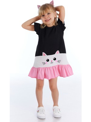Denokids Günlük Stil Kedi Fırfırlı Kız Çocuk Elbise 2 Yaş Pamuklu Tasarım