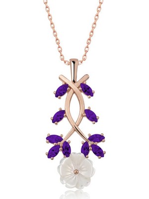 Inure Jewelry Gümüş Rose Mor Yapraklı Bahar Çiçeği Kolye