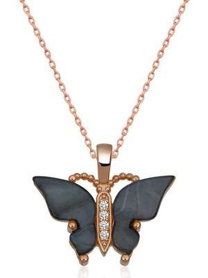 Inure Jewelry Gümüş Antrasit Kaplangözü Taşlı Kelebek Kolye