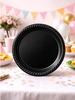 Parti Adresi Plastik Tabak Doğum Günü Parti Tabağı Siyah 21 cm 25'li