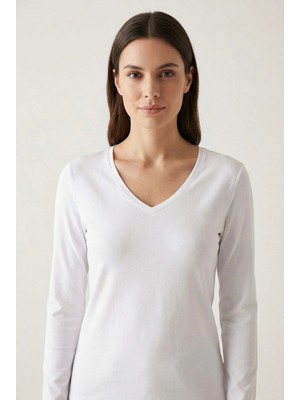 Defy's Kadın Beyaz %100 Pamuk V Yaka Uzun Kollu Basic Tişört Regular Fit