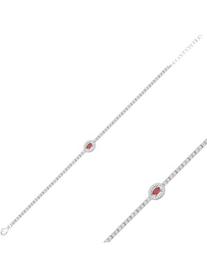 Delixa 925 Ayar Gümüş Oval Taşlı Çerçeveli Pembe Oval Kesim Taşlı Su Yolu Bileklik