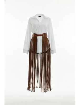 Pileli Store Pilelistore Taba Etek Uzun Püsküllü Suni Deri Etek - BRF1003