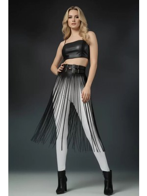 Pileli Store Pilelistore Siyah Etek Deri Yüksek Bel Etek Çift Tokalı Uzun - BRF1090