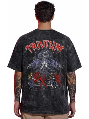 Sevbano Tasarım Trivium Rock Metal Müzik Grubu Sırt Baskılı Unisex Oversize Eskitme Yıkamalı Tişört