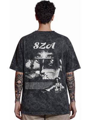 Sevbano Tasarım Sza Rapper Şarkıcı Sırt Baskılı Unisex Oversize Eskitme Yıkamalı Tişört