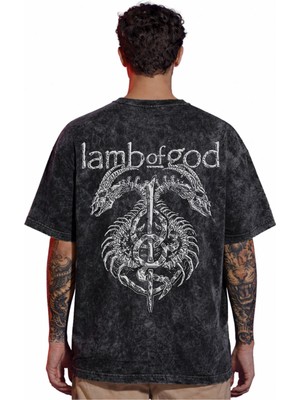 Sevbano Tasarım Lamb Of God Rock Metal Müzik Grubu Sırt Baskılı Unisex Oversize Eskitme Yıkamalı Tişört