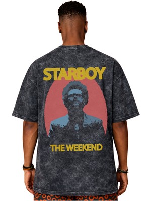 Sevbano Tasarım The Weeknd Starboy Rapper Şarkıcı Sırt Baskılı Unisex Oversize Eskitme Yıkamalı Tişört
