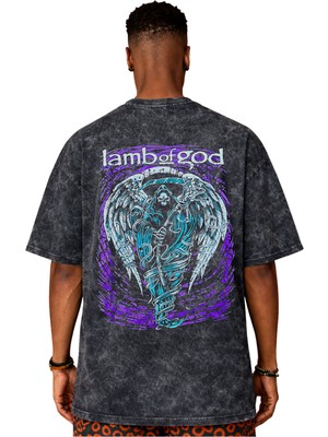 Sevbano Tasarım Lamb Of God Rock Metal Müzik Grubu Sırt Baskılı Unisex Oversize Eskitme Yıkamalı Tişört