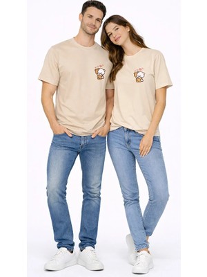Nevermind Sevgili Kombini Minimal Ayıcık Kalp Baskılı Çift Tişört Oversize Unisex 2’li Set